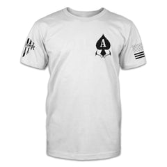 A white t-shirt with the letter A inside the ace of spades printed on the front.