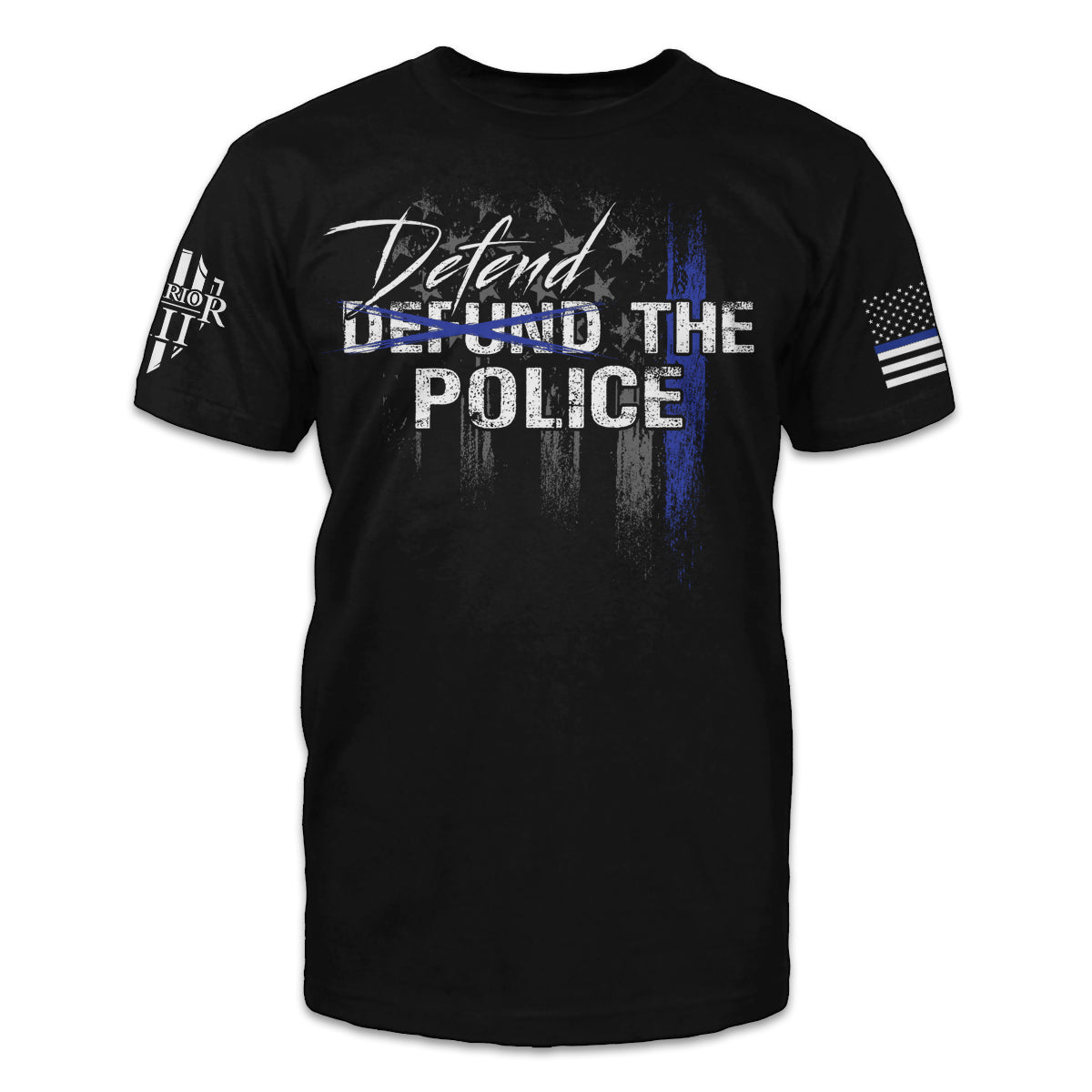 A black t-shirt with the words "Defund the Police" printed on the front.