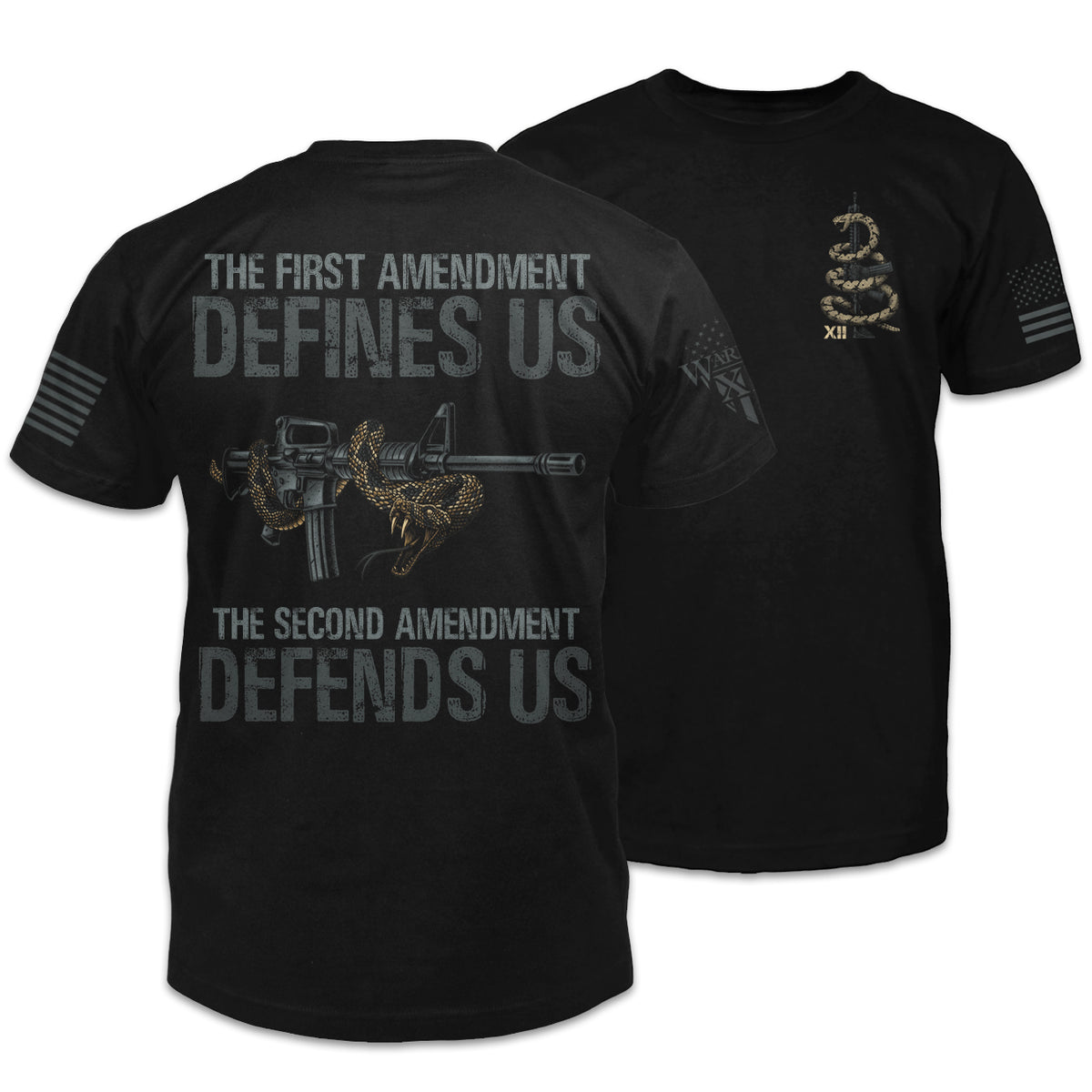 The front and back of a black t-shirt. The back features an image of a rattlesnake coiled around a rifle with the words "The First Amendment defines us, the Second Amendment defends us." The front of the shirt features a small pocket image in a rattlesnake coiled around a rifle.