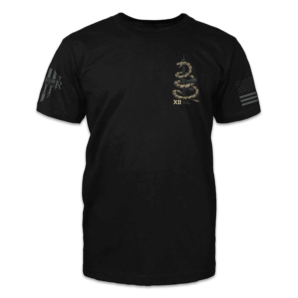 The front of a black t-shirt shirt featuring a small pocket image in a rattlesnake coiled around a rifle.