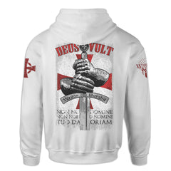 A white hoodie with a design that is an iconic representation of the crusaders that invokes the spirit of the warriors of Christ. The design of the hands around the sword is printed on the back.