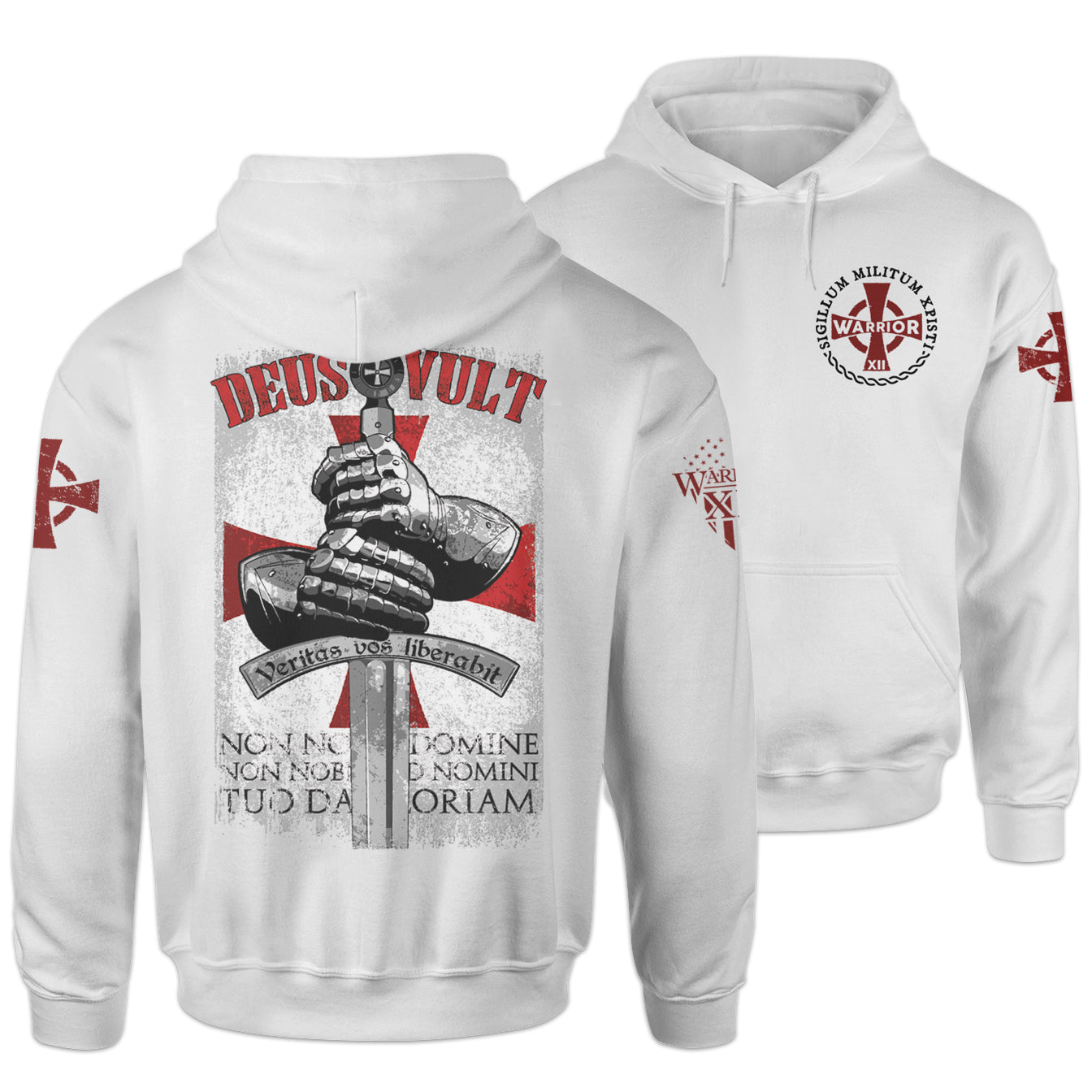 Front and back white hoodie with a design that is an iconic representation of the crusaders that invokes the spirit of the warriors of Christ. The design of the hands around the sword is printed on the back.