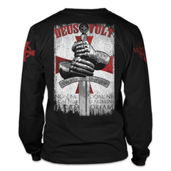 A black long sleeved shirt with a design that is an iconic representation of the crusaders that invokes the spirit of the warriors of Christ. The design of the hands around the sword is printed on the back.