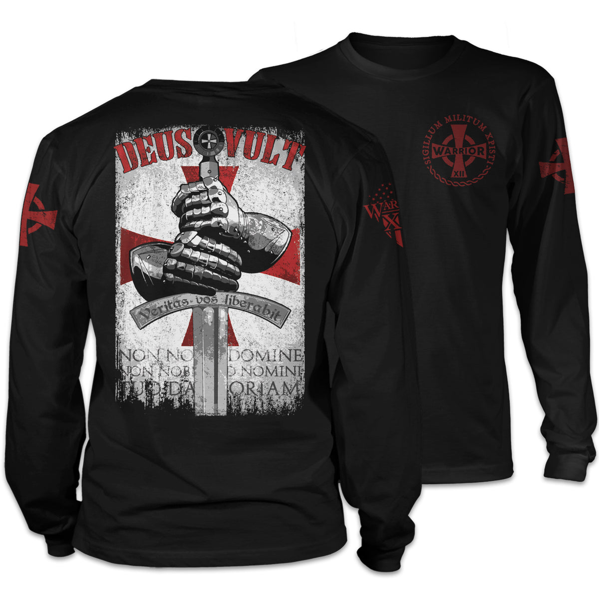 Front and back black long sleeved shirt with a design that is an iconic representation of the crusaders that invokes the spirit of the warriors of Christ. The design of the hands around the sword is printed on the back.