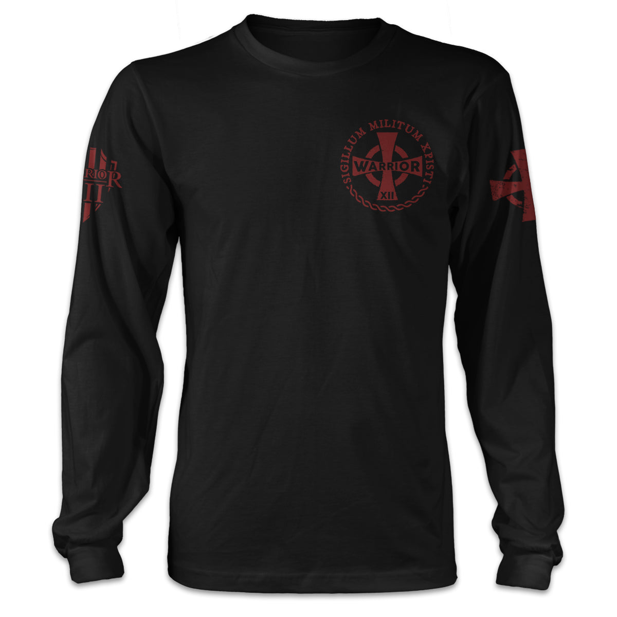 A black long sleeved shirt with the cross emblem printed on the front.