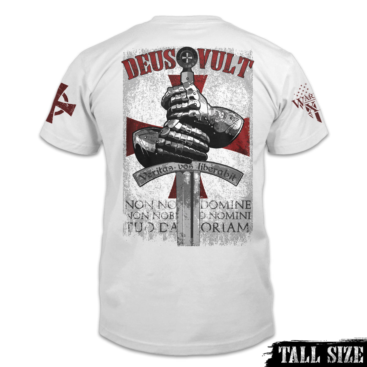 A white tall sized shirt with a design that is an iconic representation of the crusaders that invokes the spirit of the warriors of Christ. The design of the hands around the sword is printed on the back.