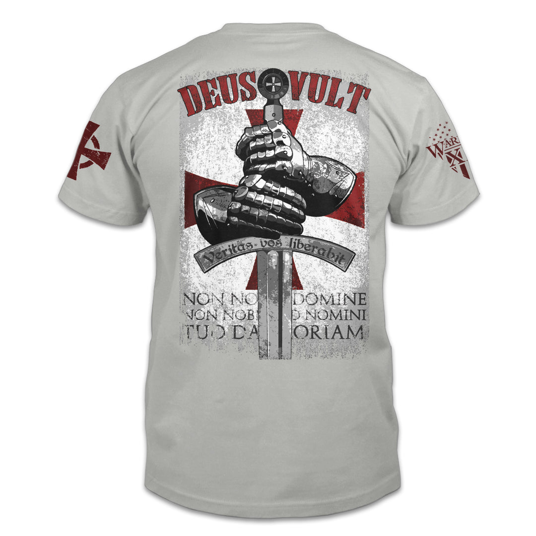 A white t-shirt with a design that is an iconic representation of the crusaders that invokes the spirit of the warriors of Christ. The design of the hands around the sword is printed on the back.