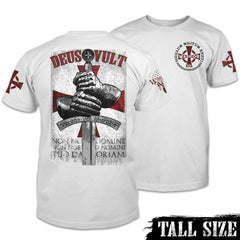 Front and back white tall sized shirt with a design that is an iconic representation of the crusaders that invokes the spirit of the warriors of Christ. The design of the hands around the sword is printed on the back.