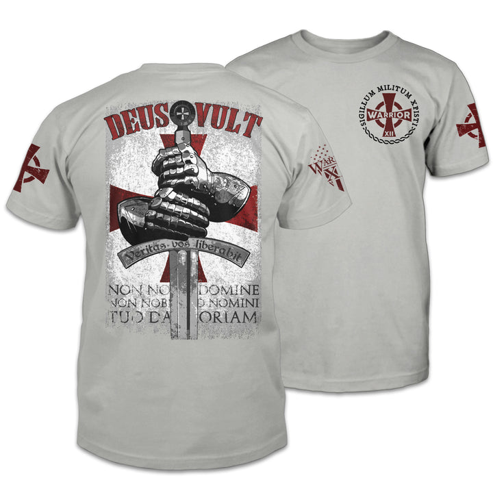 Front and back white t-shirt with a design that is an iconic representation of the crusaders that invokes the spirit of the warriors of Christ. The design of the hands around the sword is printed on the back.