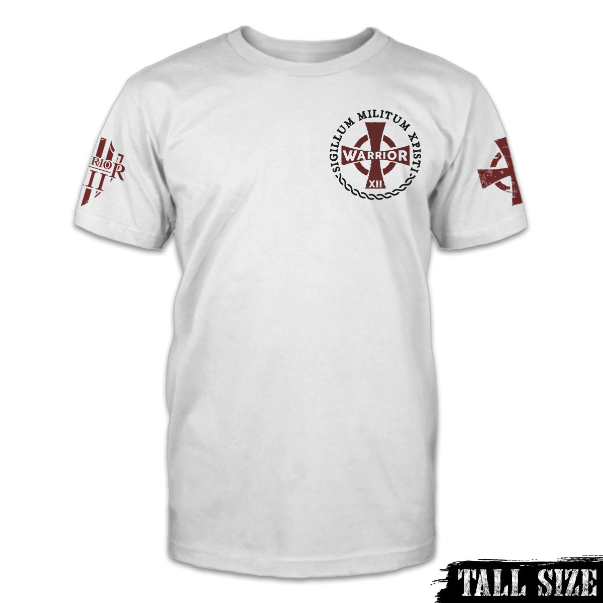 A white tall sized shirt with the cross emblem printed on the front.