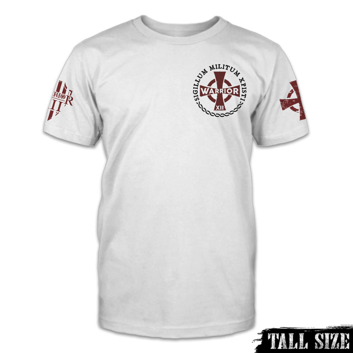 A white tall sized shirt with the cross emblem printed on the front.