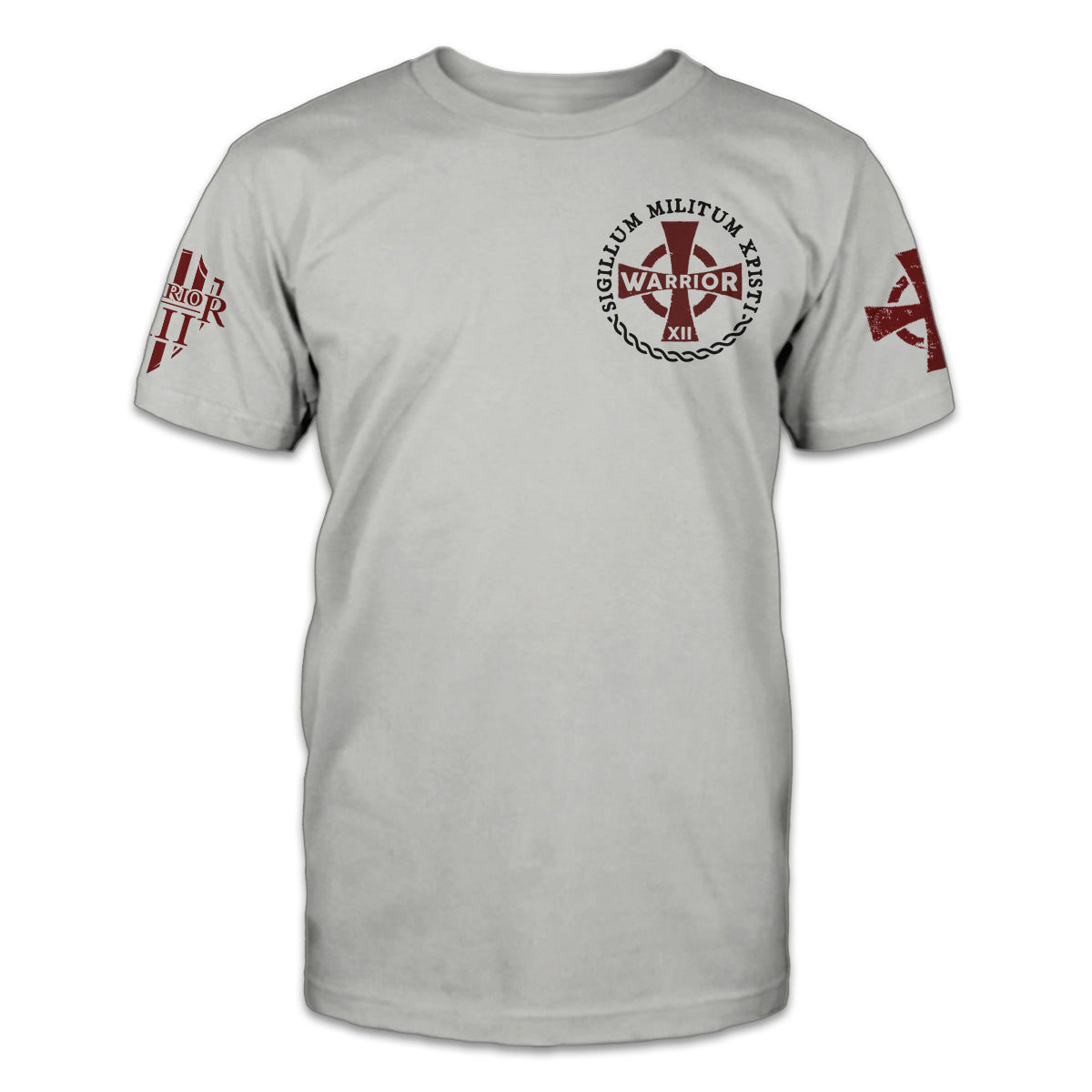 A white t-shirt with the cross emblem printed on the front.