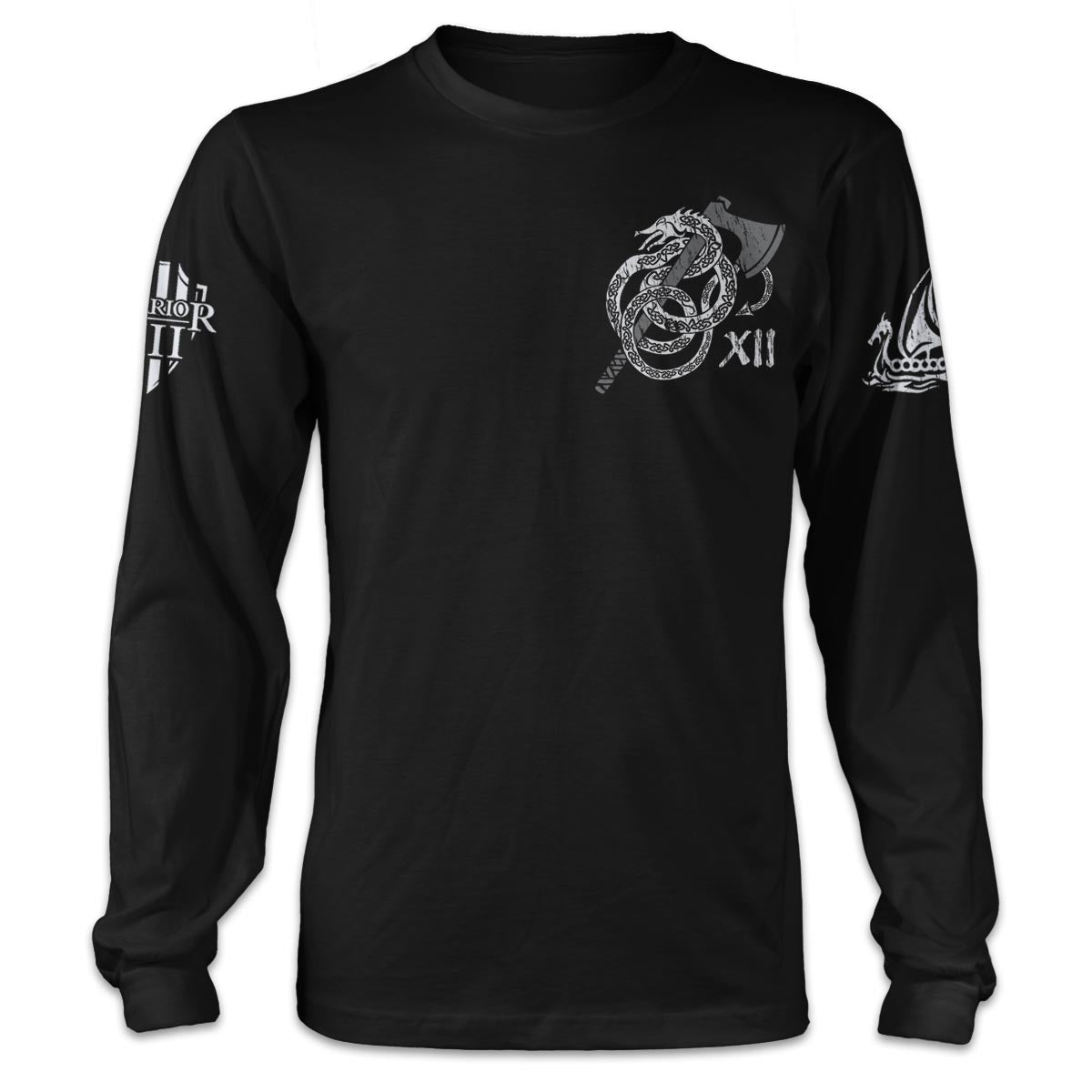 A black long sleeve shirt with a axe and sea serpent wrapped around it printed on the front of the shirt.