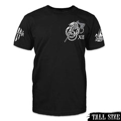 A black tall size shirt with a axe and sea serpent wrapped around it printed on the front of the shirt.