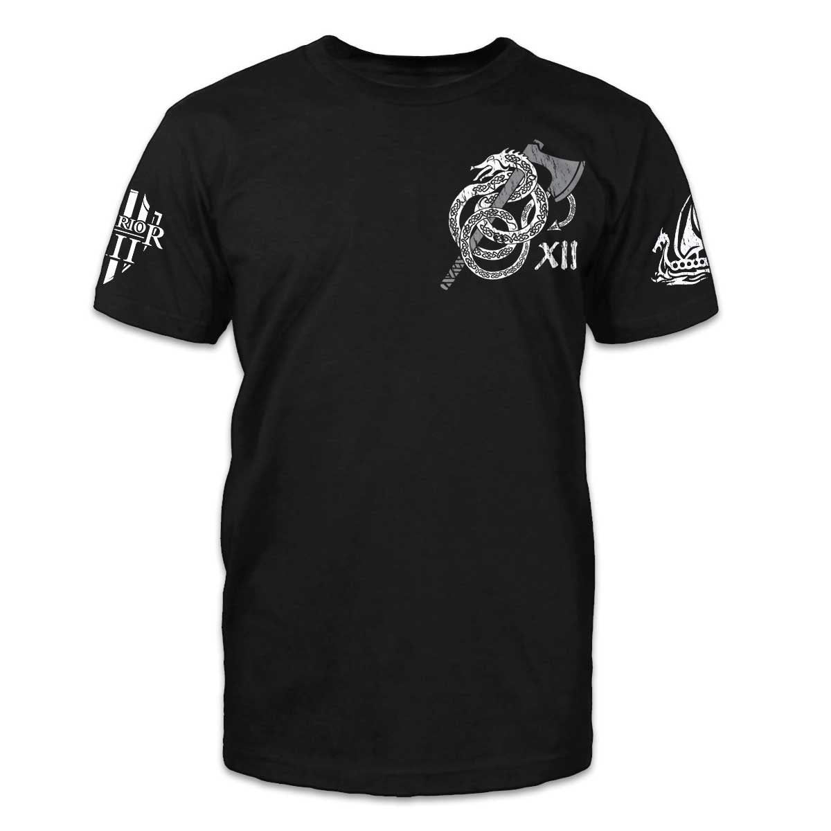 A black t-shirt with a axe and sea serpent wrapped around it printed on the front of the shirt.