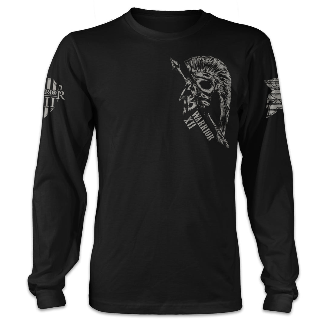 A black long sleeve shirt with a spartan helmet with an arrow through it printed on the front of the shirt.