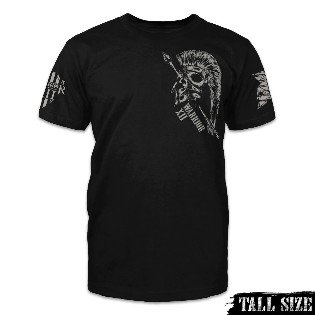 A black tall size shirt with a spartan helmet with an arrow through it printed on the front of the shirt.