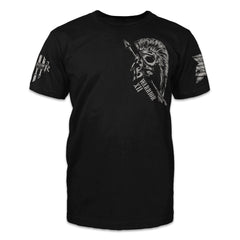 A black t-shirt with a spartan helmet with an arrow through it printed on the front of the shirt.