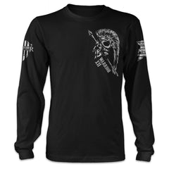 A black long sleeve shirt with a spartan helmet with an arrow through it printed on the front of the shirt.