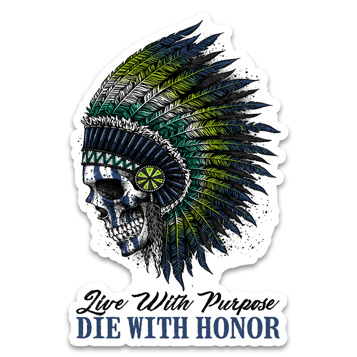 A die with honor decal featuring a native American with a colorful crown.