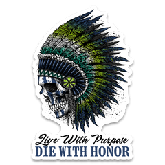 A die with honor decal featuring a native American with a colorful crown.