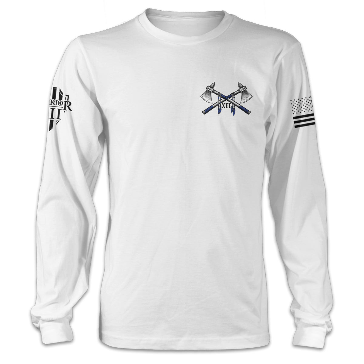 A white long sleeve shirt with two axes printed on the front.