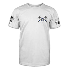 A white t-shirt with two axes printed on the front.