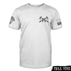 A white tall size shirt with two axes printed on the front.