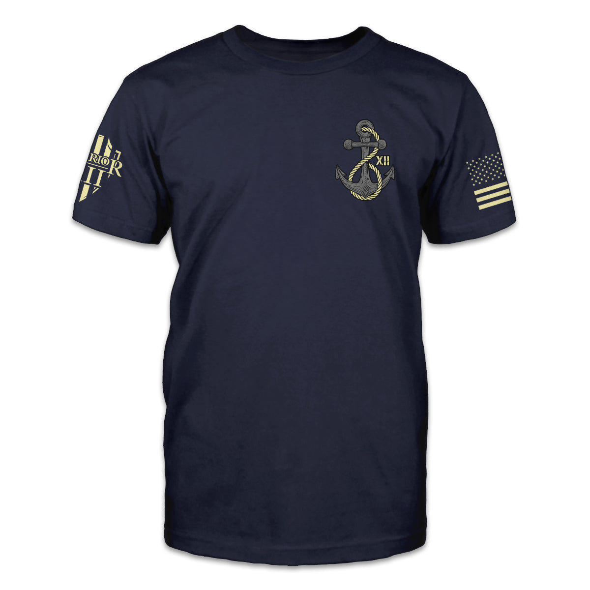 A navy blue t-shirt with an anchor printed on the front of the shirt.