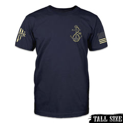 A navy blue tall size shirt with an anchor printed on the front of the shirt.