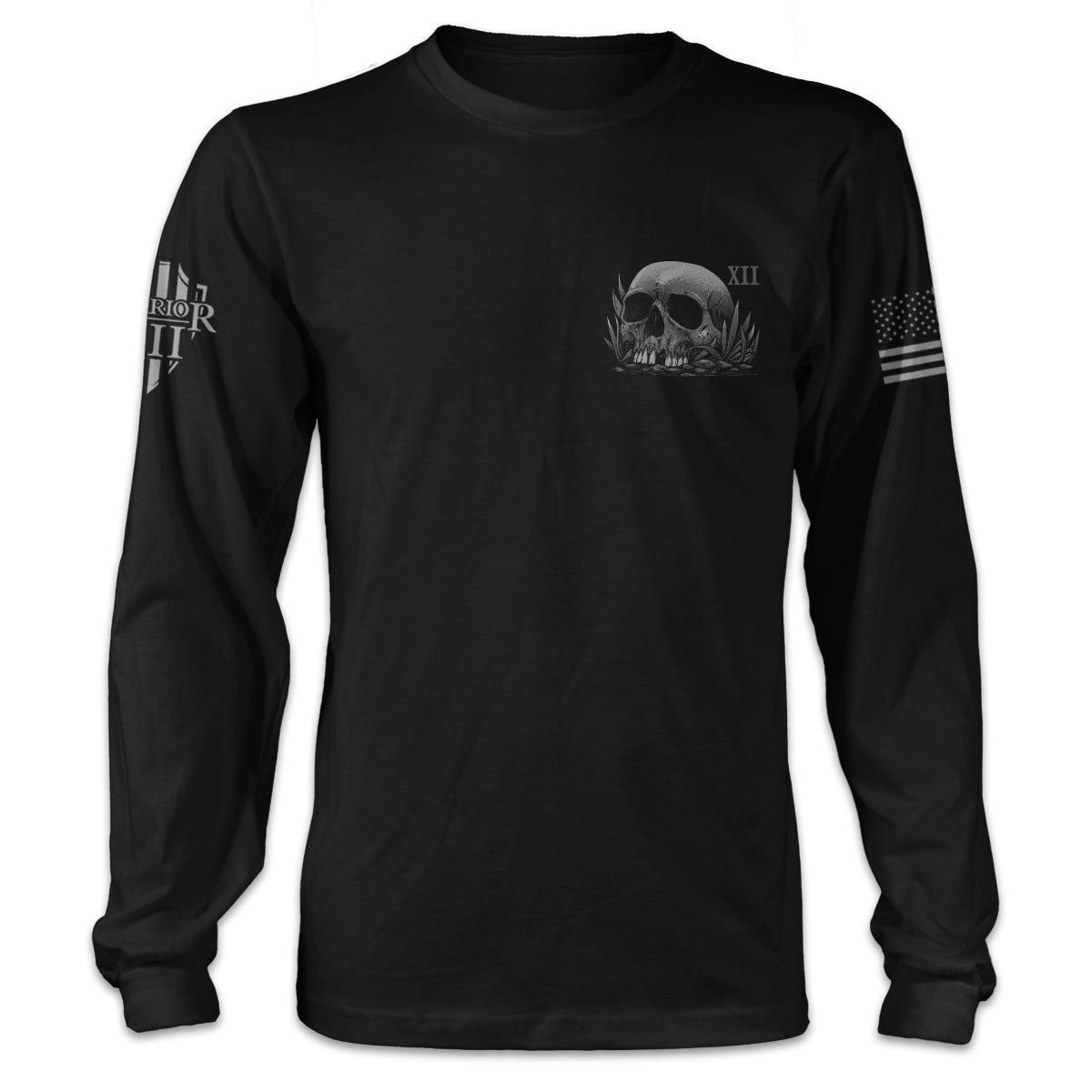 A black long sleeve shirt with a skull printed on the front.