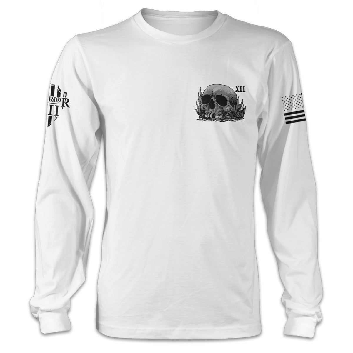 A white long sleeve shirt with a skull printed on the front.