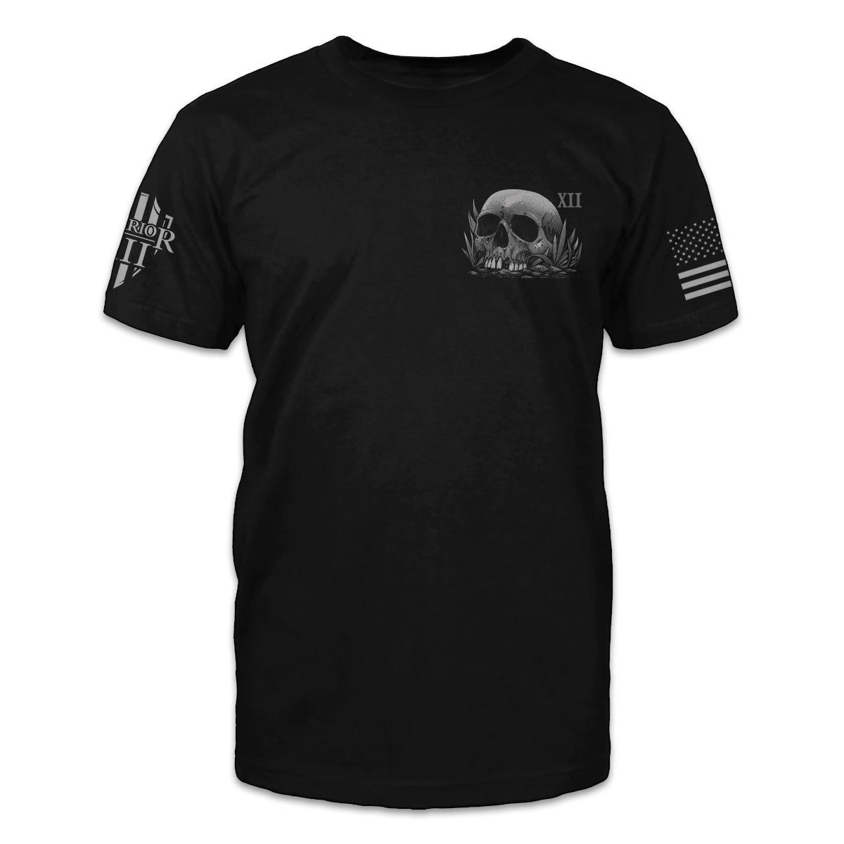 A black t-shirt with a skull printed on the front.