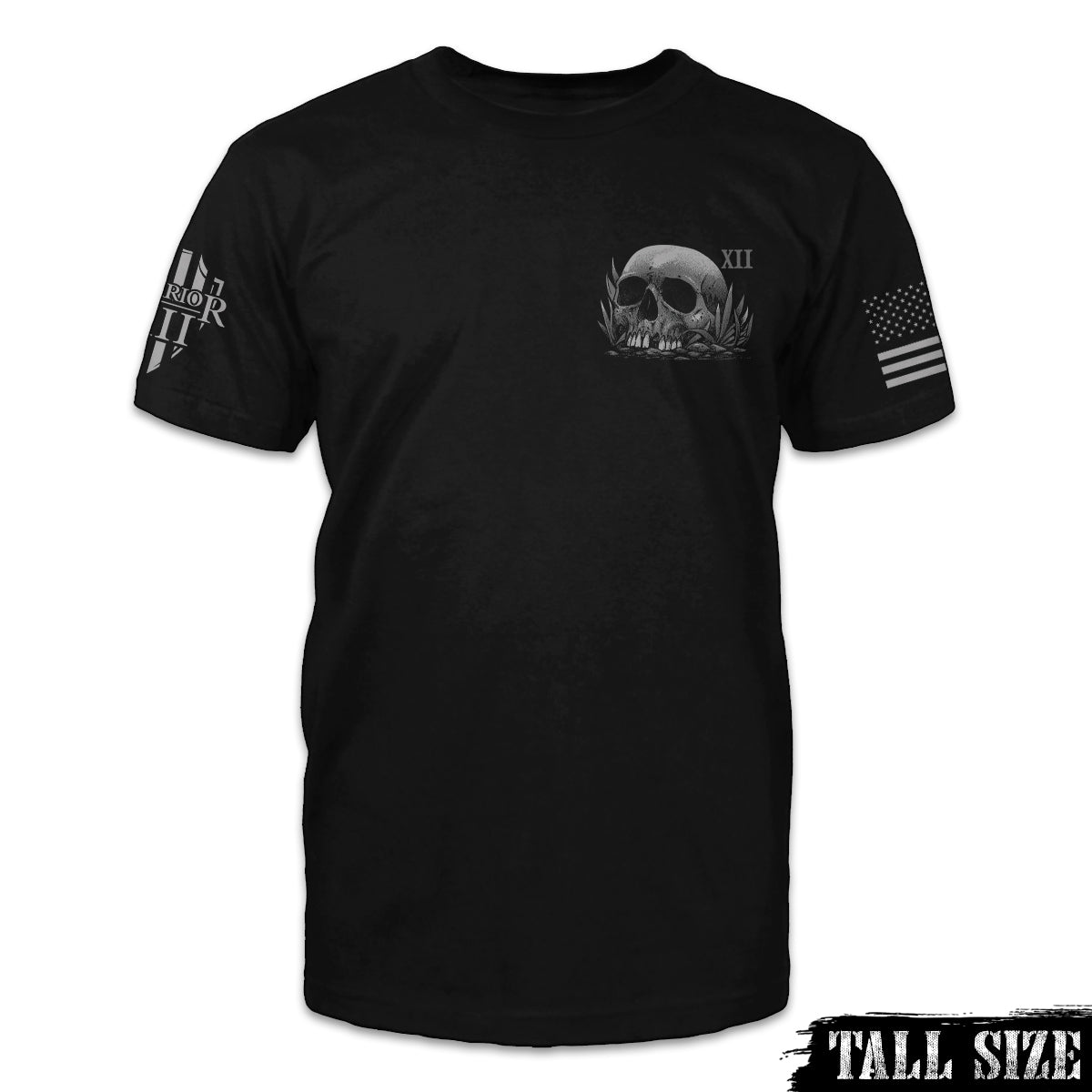 A black tall size shirt with a skull printed on the front.