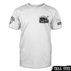 A white tall size shirt with a skull printed on the front.