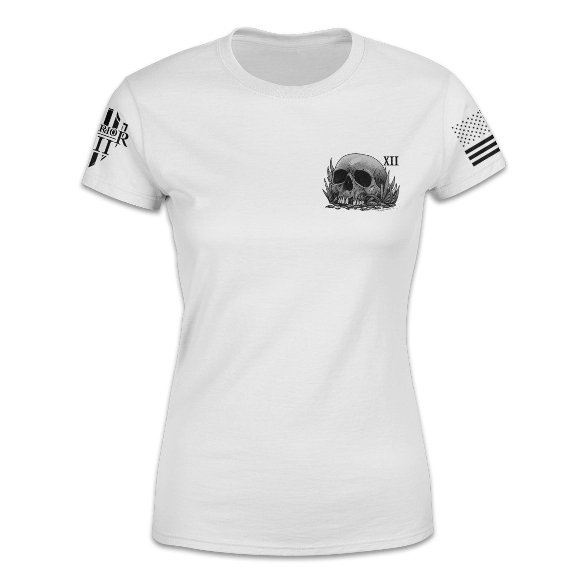 A white women's relaxed t-shirt with a skull printed on the front.