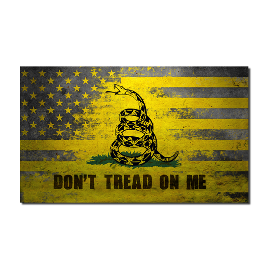 An Don't Tread On Me' Gadsden flag decal appearing through a subdued tactical American flag.