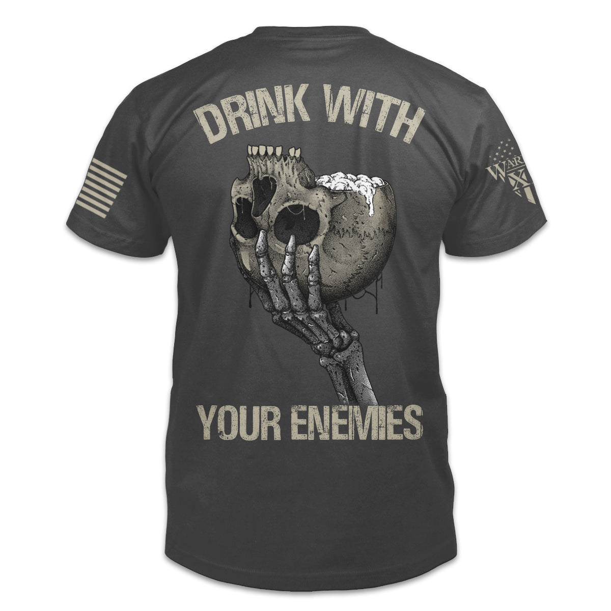 An asphalt grey t-shirt featuring a graphic on the back with upside-down skull with a foamy beverage coming out of the skull, being held by a skeletal hand and the words "Drink with your enemies."