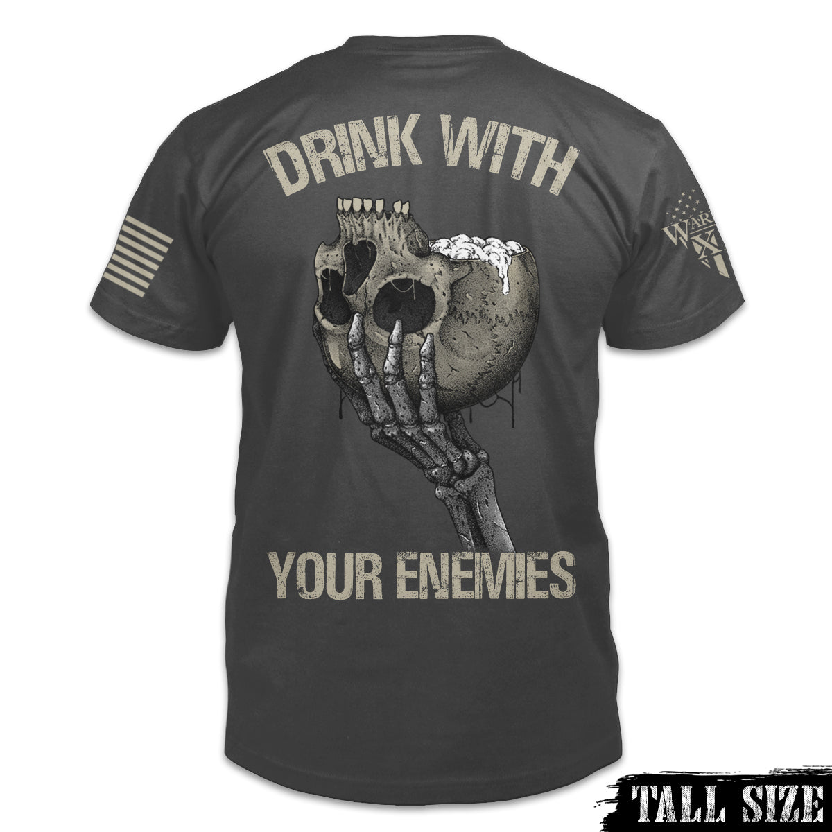 An asphalt grey t-shirt featuring a an upside-down skull with a foamy beverage coming out of the skull on the front pocket area.