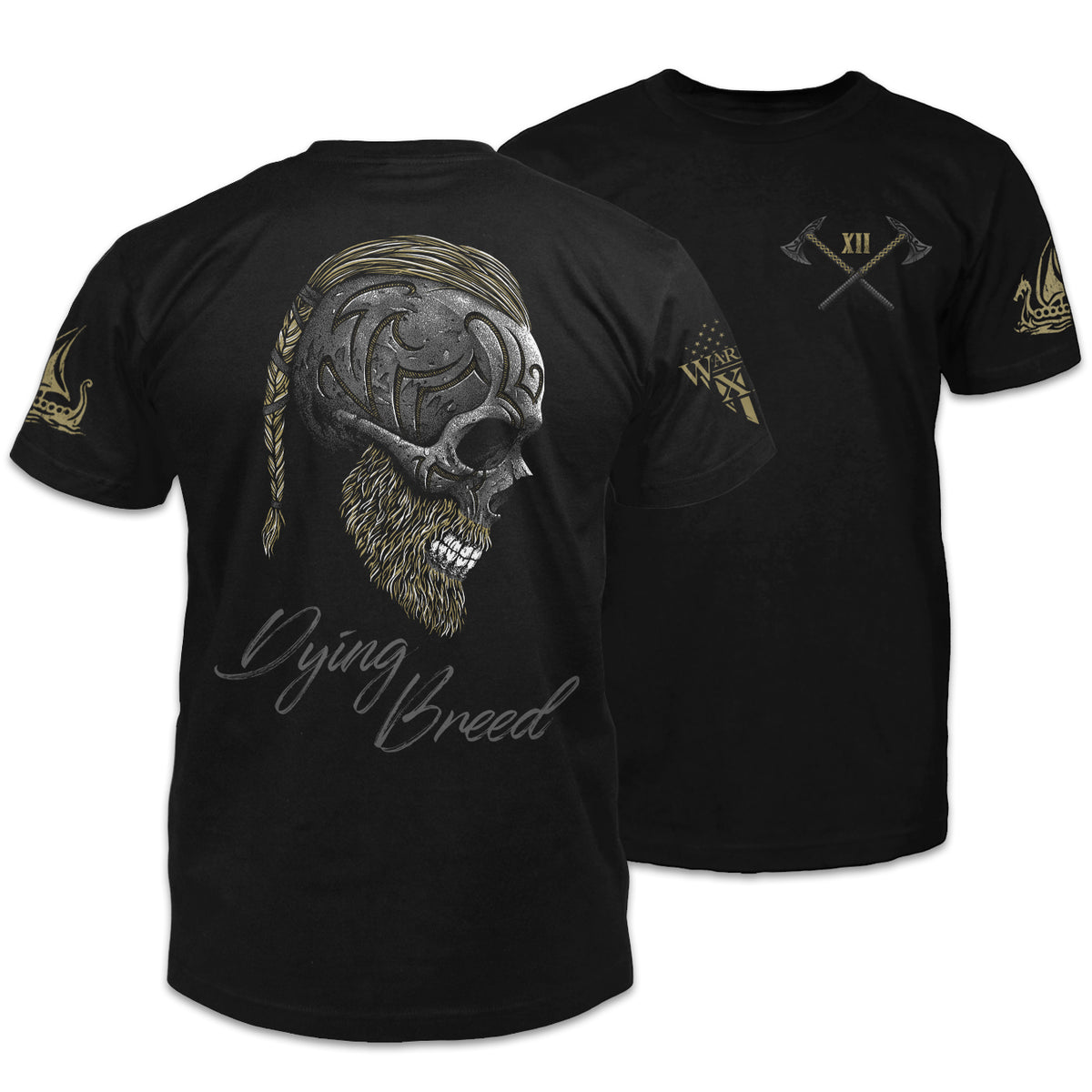 Front and back black t-shirt with the words "Dying Breed" with a side view of a warrior head printed on the shirt.