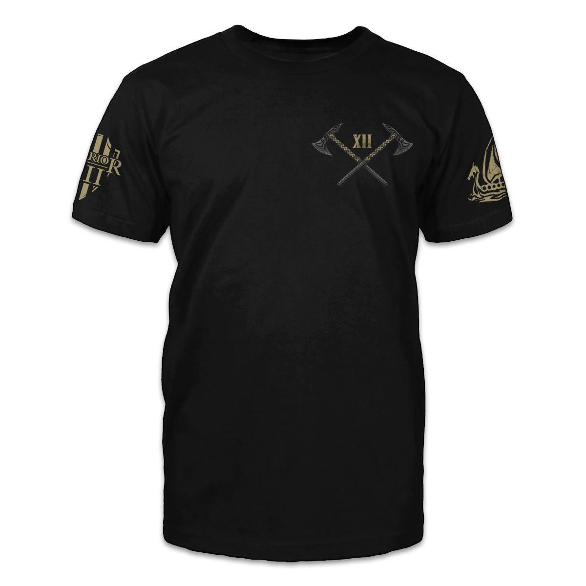 A black t-shirt with two aces crossed with the the roman numerals XII printed on the front of the shirt.