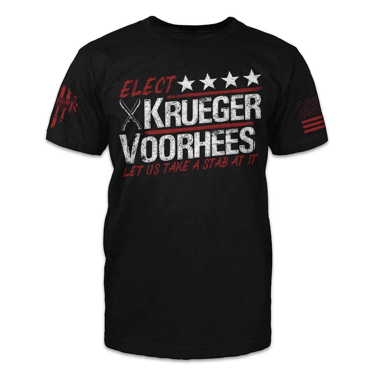 A black t-shirt with the words "Elect Krueger - Voorhees: Let us take a stab at it" printed on the front.