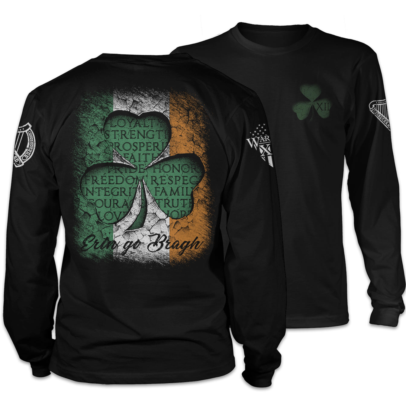 Front and back black long sleeve shirt with the words "Erin Go Bragh" which means means "Ireland until the end of time" or "Ireland Forever" in the Irish language as well as a a clover with the Irish Flag inside of it printed on the shirt.