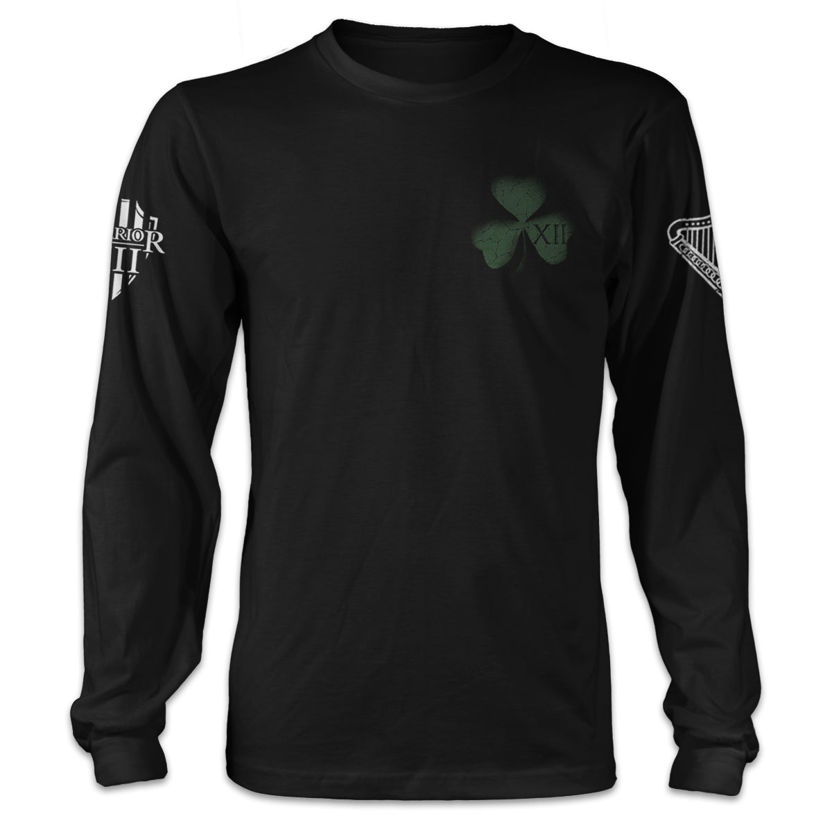 A black long sleeve shirt with a green clover printed on the front.