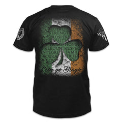 A black t-shirt with the words "Erin Go Bragh" which means means "Ireland until the end of time" or "Ireland Forever" in the Irish language as well as a a clover with the Irish Flag inside of it printed on the back of the shirt.