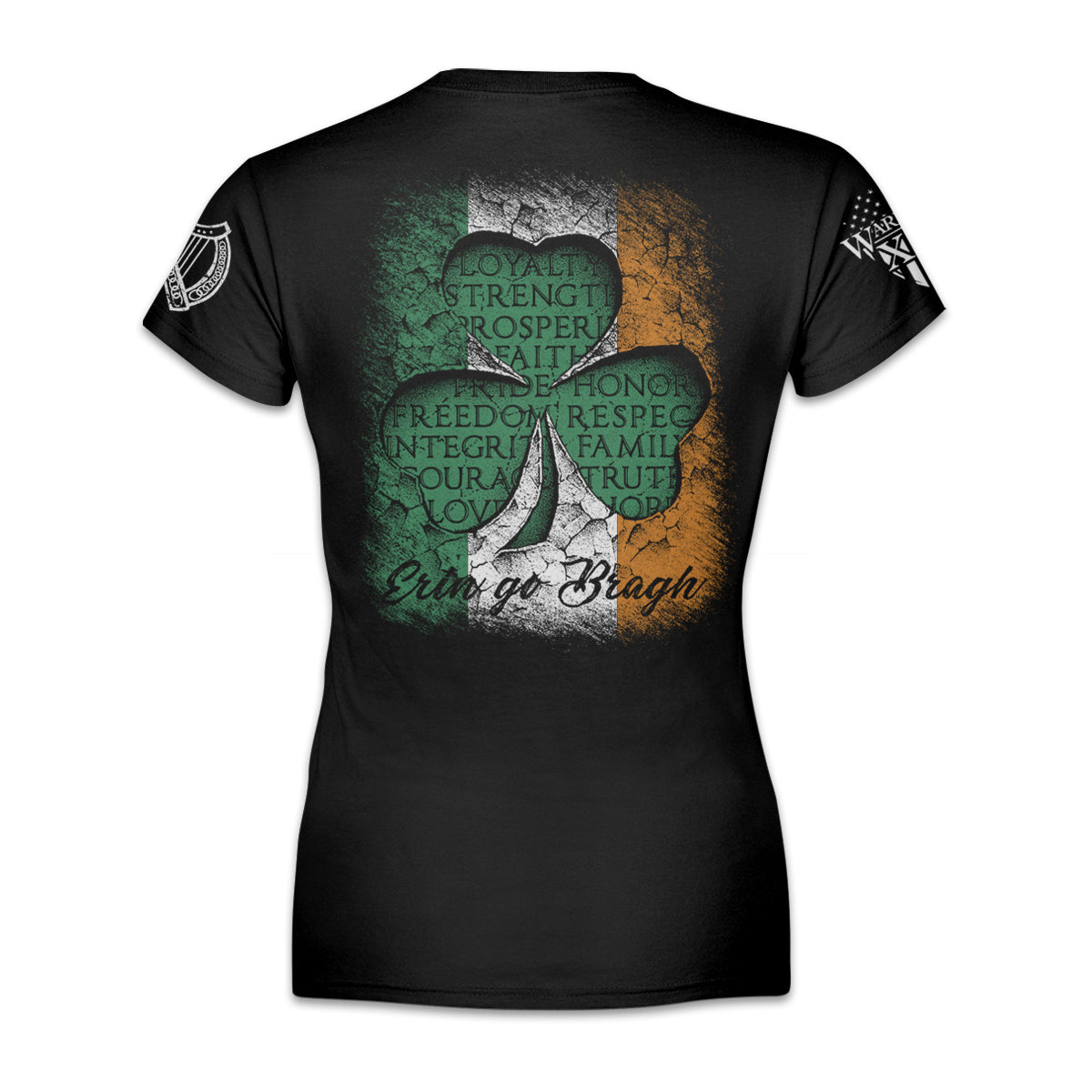 A black women's relaxed fit'shirt with the words "Erin Go Bragh" which means means "Ireland until the end of time" or "Ireland Forever" in the Irish language as well as a a clover with the Irish Flag inside of it printed on the back of the shirt.