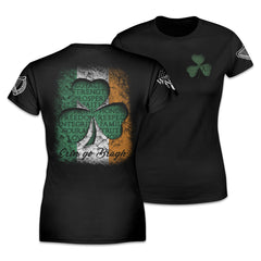 Front and back black women's relaxed shirt with the words "Erin Go Bragh" which means means "Ireland until the end of time" or "Ireland Forever" in the Irish language as well as a a clover with the Irish Flag inside of it printed on the shirt.