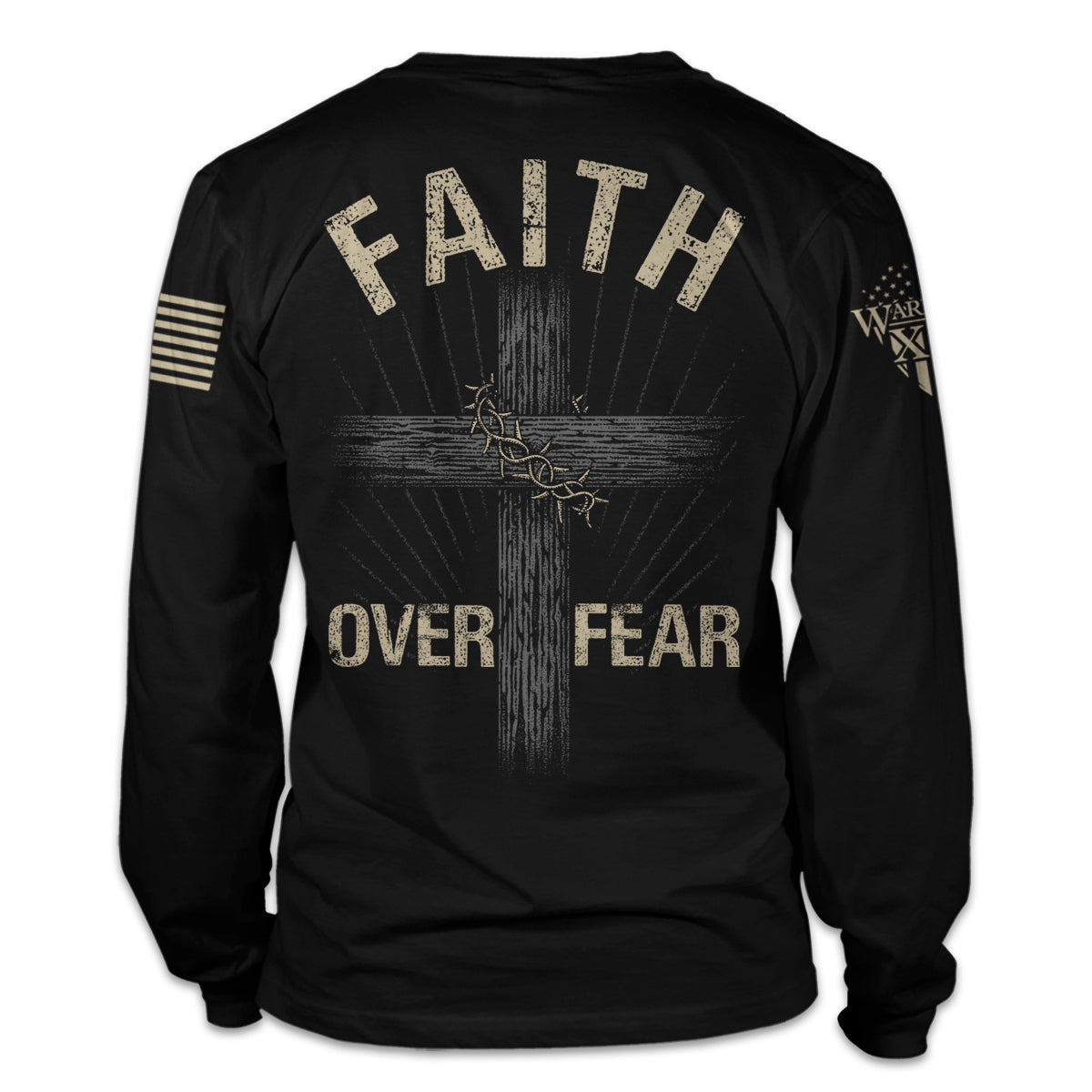 A black long sleeve shirt with the words "Faith Over Fear" with a cross printed on the back of the shirt.
