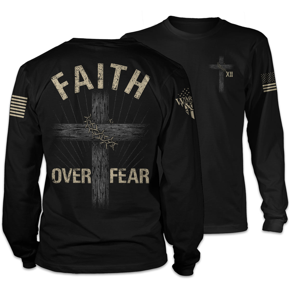 Front & back black long sleeve shirt with the words "Faith Over Fear" with a cross printed on the shirt.