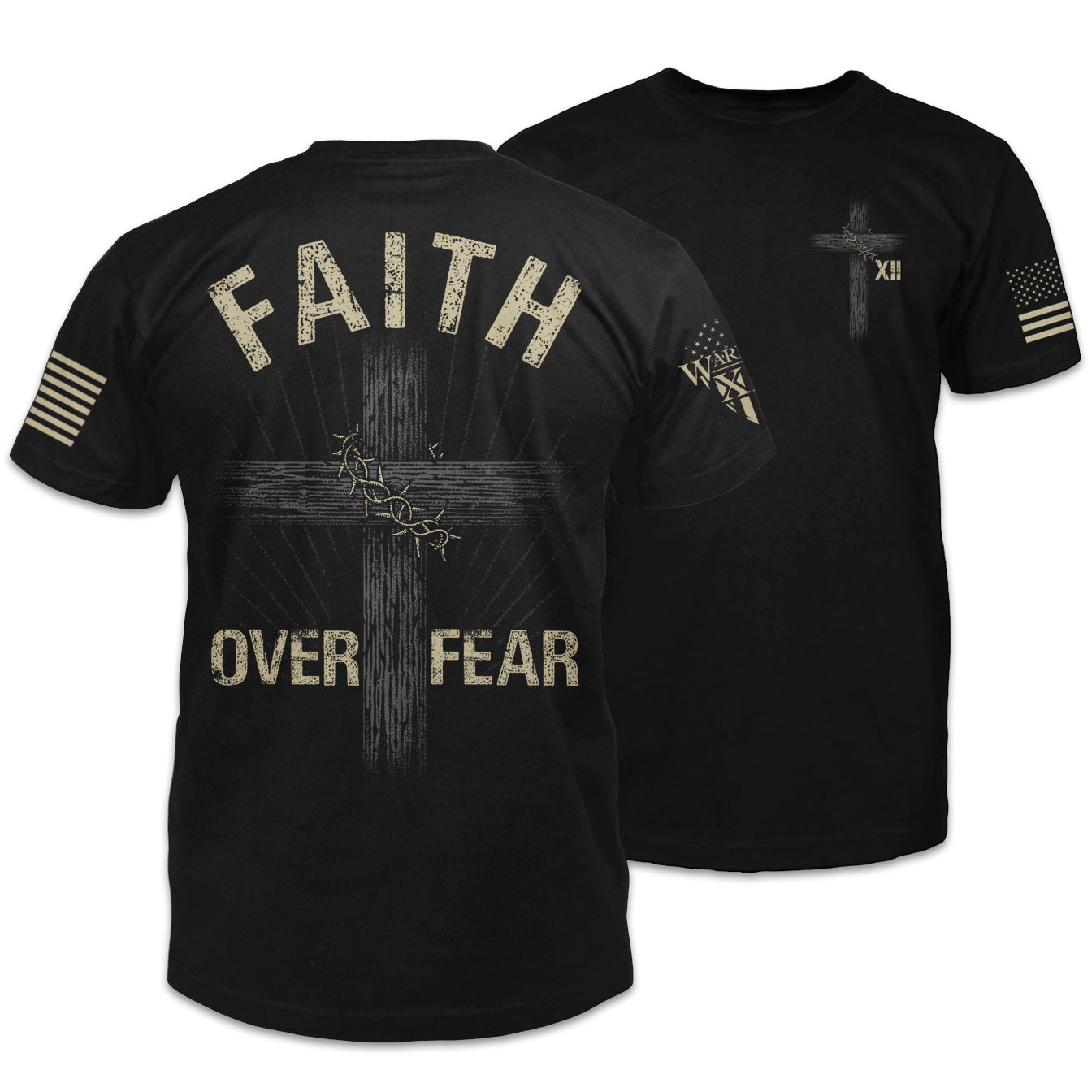 Front & back black t-shirt with the words "Faith Over Fear" with a cross printed on the shirt.
